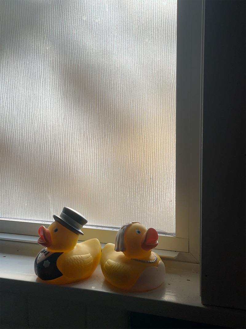 Photo of Bride and Groom Rubber Duckies on Windowsill.